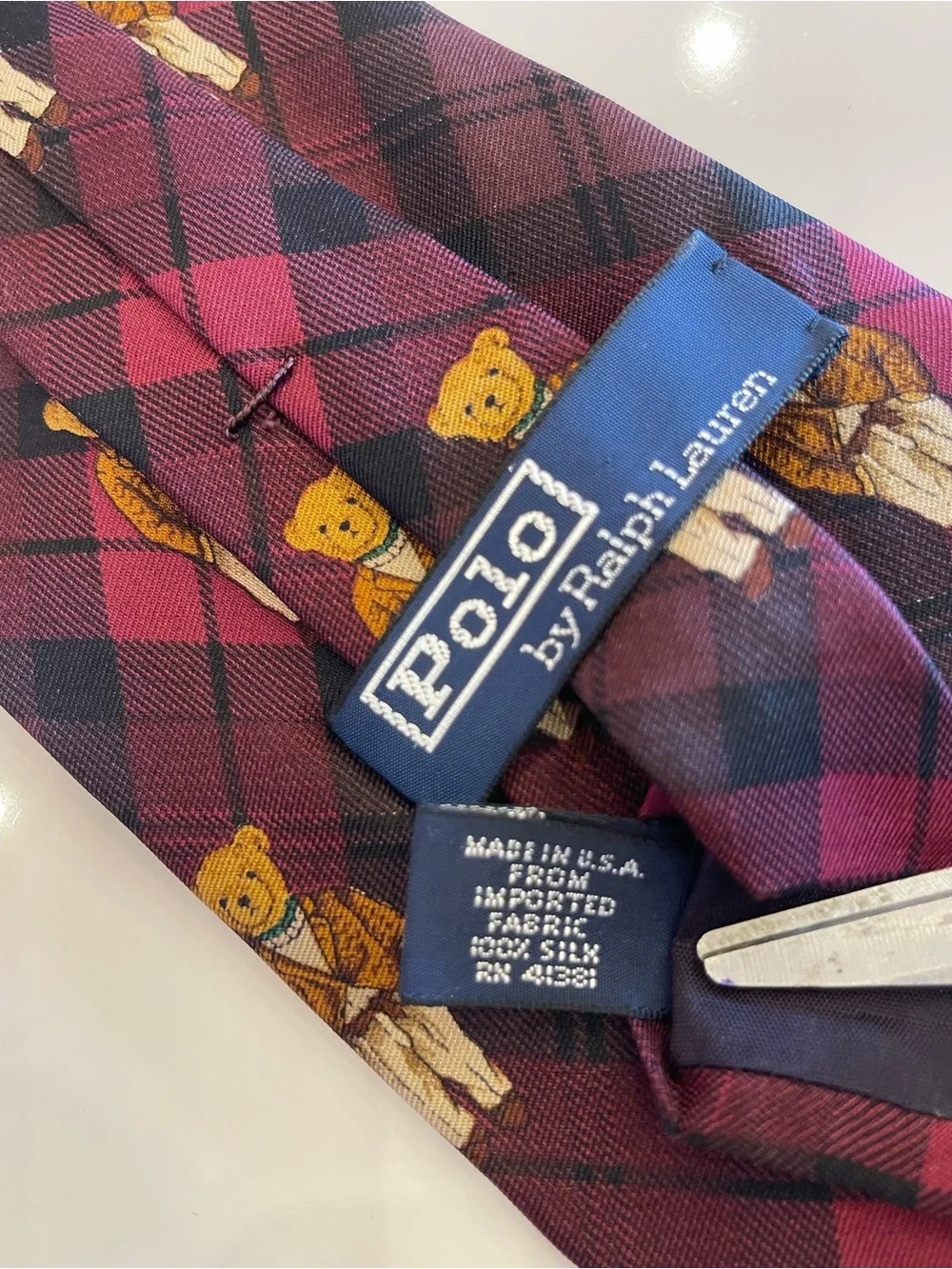 Vtg Polo Ralph Lauren Polo Bear Silk Tie Plaid Burgundy Purple Blazer Rare